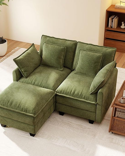 Ihanherry 57" L Shaped Modular Sectional Cloud Sofa, Modern 3 Seat Chenille Couch with Ottoman for Living Room, Bedroom and Apartment, Green