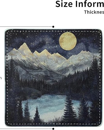Marble Coasters Square Leather Drinks Coaster Set with Holder for Coffee Table Bar Home Decor 4 Inches Set of 6 (Forest Night, One Size)