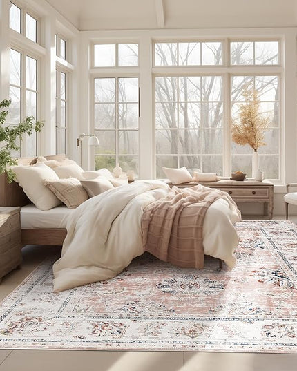 jinchan Fiora 8x10 Area Rugs for Living Room - Machine Washable Vintage Floral Distressed Design Stain Resistant Boho Carpet Low Pile Non-Slip Rug for Bedroom Dining Room Home Office (8‘x10', Pink)