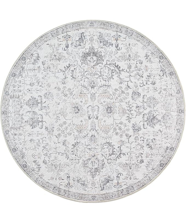 jinchan Kalen Round Rug 5ft Area Rug Washable Vintage Indoor Retro Entryway Floor Cover Distressed Gray Floral 5' Round Circle Boho Non Slip Thin Carpet for Bedroom Living Room Dining Room Grey