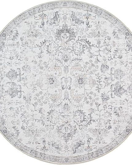 jinchan Kalen Round Rug 8ft Area Rug Washable Vintage Indoor Retro Floor Cover Distressed Gray Floral 8' Round Circle Boho Non Slip Thin Carpet for Living Room Dining Room Bedroom Kitchen Grey