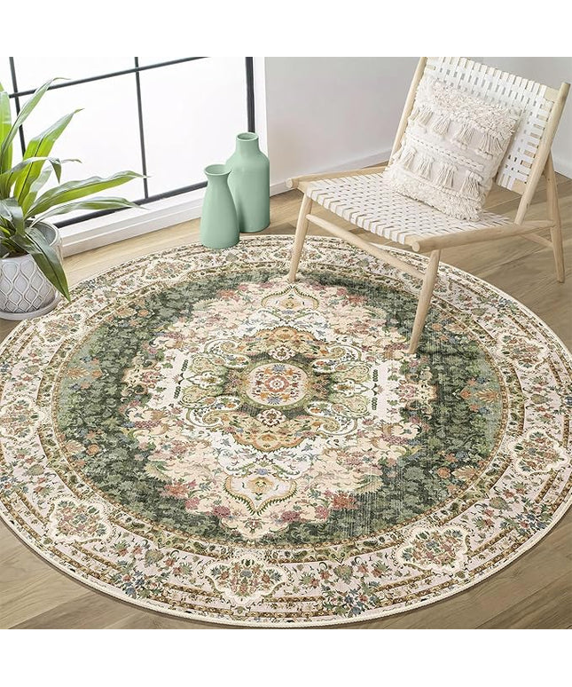 Green Round Rug 4ft,Circle Washable Area Rugs for Bedroom Bathroom Entryway,Boho Vintage Bohemian Distressed Oriental Carpet Non Slip,Sage Floral