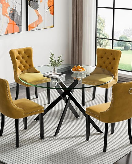 HomVent 5 Piece Round Glass Dining Table Set, Tempered Glass Dinner Table Set for 4 Kitchen Table Set with 4 Velvet Upholstered Chairs for Kitchen Dining Room
