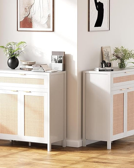 YOUDENOVA 60.3" Sideboard Buffet Cabinet, Rattan Cabinet Cupboard Console with 4 Doors & 2 Drawers, Boho Coffee Bar Table with Adjustable Shelves for Dining Room, Living Room, White