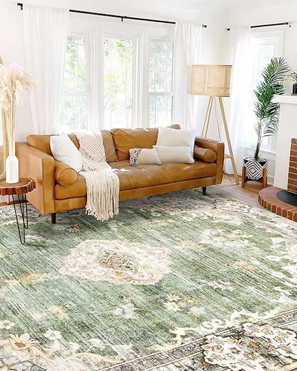 MUJOO 9’x12’ Area Rug Large Rugs for Living Room Green Rug for Bedroom Dining Room Boho Rug Washable Rug Non Slip Big Carpet Abstract Soft Low-Pile Floral Flowers