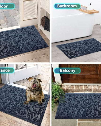 Bulijojo Sturdy Front Entrance Doormats,Durable Heavy Duty Welcome Mat,Thick Absorbent Natural Rubber Non Slip Mat,Easy Clean Entryway Mat Leaves Blue 23"x35"