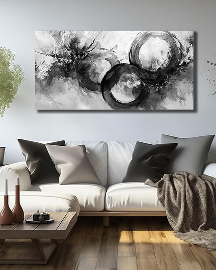 JuhaiArt Black Wall Art Large Abstract Picture Wall Decor White Canvas Art Circle Modern Artwork for Living Room Office 24"x 48"