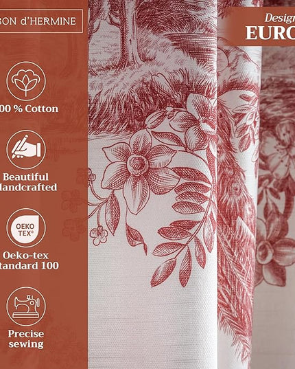 Maison d' Hermine Curtains for Living Room 100% Cotton 124 inch Length Two Panels Light Filtering Toile Curtains for Bedroom Windows with Rod and Loop Pockets Drapes (Trianon Red, 50" W x 124" L)