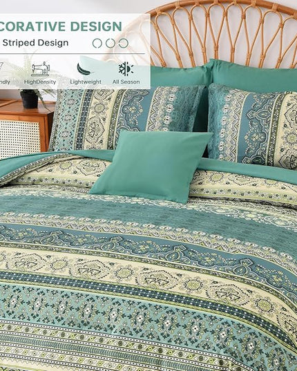 Cottolester Boho King Comforter Set 8 Pieces,Green Bohemian Comforter Paisley Striped Bed in A Bag,Soft Microfiber Bedding Set for All Season