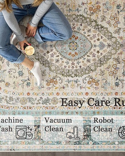 Washable Runner Rug 2x8,Blue Rug Runners Non Slip,Long Boho Rugs for Hallways Kitchen Bedroom Entryway Living Room Bathroom,Vintage Bohemian Distressed Oriental Floor Carpet,Floral