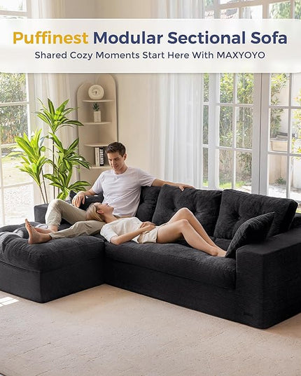 MAXYOYO 104" L Shaped Modular Sectional Sofa with Ottoman, Cloud Boneless Couch with Layered Cushion, Upholstered Sofa in a Box, Flexible Module Combination for Living Room, No Assembly, Black
