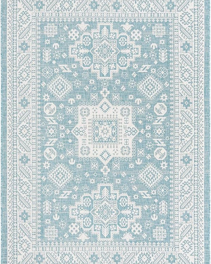 Rugs.com Outdoor Aztec Collection Rug – 7' x 10' Aqua Flatweave Rug Perfect for Living Rooms, Large Dining Rooms, Open Floorplans