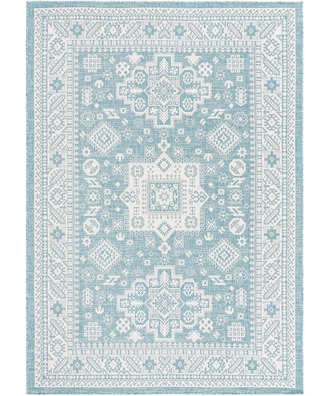 Rugs.com Outdoor Aztec Collection Rug – 7' x 10' Aqua Flatweave Rug Perfect for Living Rooms, Large Dining Rooms, Open Floorplans