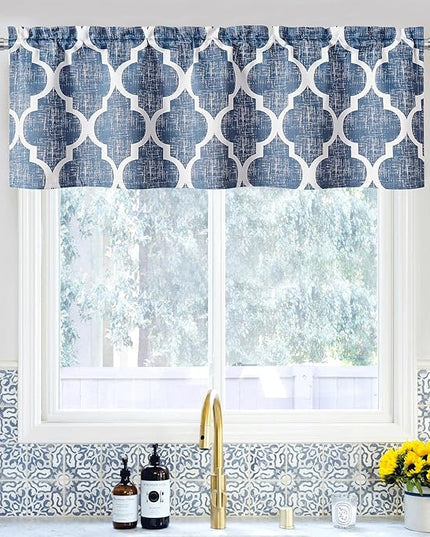 Beauoop Kitchen Cafe Valance Moroccan Tiles Print for Windows Geometric Small Blackout Curtains Room Darkening Rod Pocket Window Treatment for Living Room Bathroom,Blue, 50" W x 18" L, 1 Panel