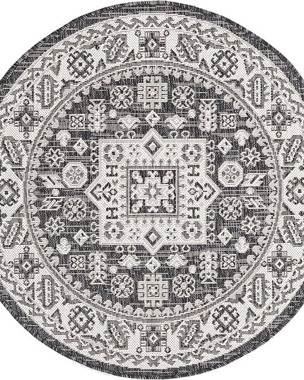 Rugs.com Outdoor Aztec Collection Rug – 3 Ft Round Charcoal Gray Flatweave Rug Perfect for Kitchens, Dining Rooms