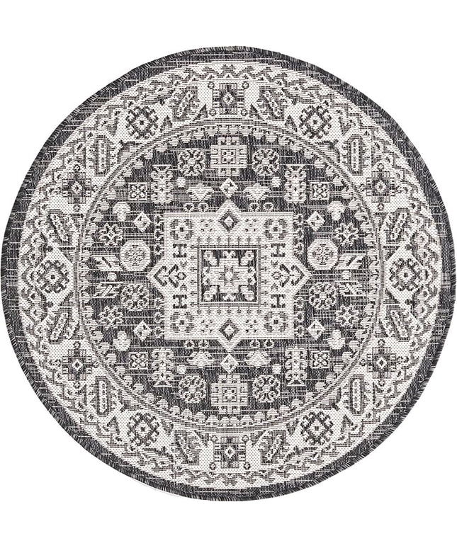 Rugs.com Outdoor Aztec Collection Rug – 3 Ft Round Charcoal Gray Flatweave Rug Perfect for Kitchens, Dining Rooms