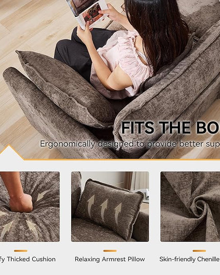 111'' Sectional Cloud Deep Seat Couch, Modern Comfy Chenille Modular Sectional Sofa for Living Room Set, Upholstered Modular 3-Seats Sofa Couch, Brown