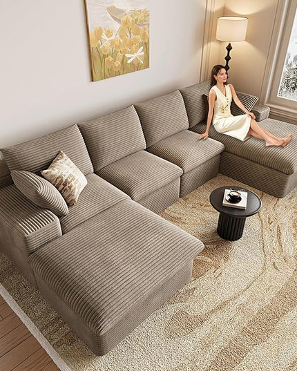 136" W Cloud Couch Modular Sectional Sofa for Living Room, U-Shape Boneless Couch with Deep Seat, Modern Corduroy 4-Seater with Ottoman, No Assembly Required (Camel,Right-Facing Chaise)