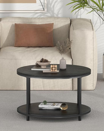 NSdirect Round Coffee Table, 25.6" Small Coffee Table for Living Room,2-Tier Rustic Wood Desktop with Storage Shelf Modern Design Home Furniture(Brown)