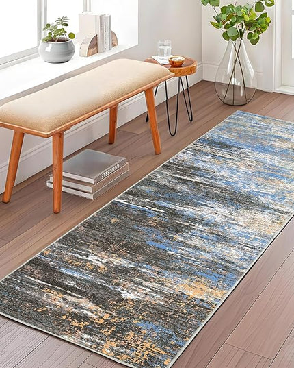 Washable Runner Rug 2x6 Modern Abstract Kitchen Rugs, Non Slip Bathroom Rug, Low Pile Laundry Room Soft Long Carpet for Hallway Bedroom Entryway, Blue/Brown