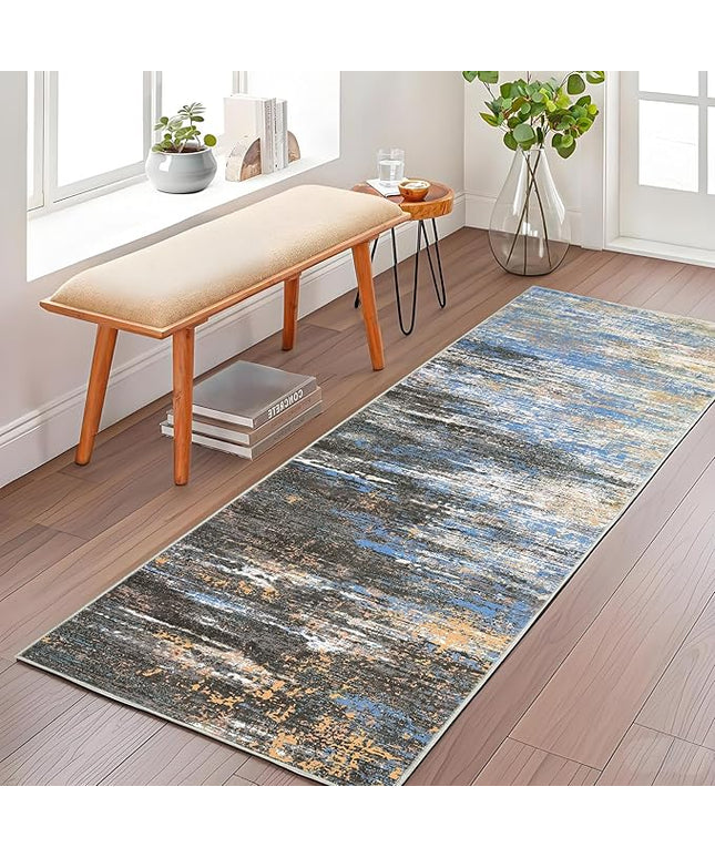 Washable Runner Rug 2x6 Modern Abstract Kitchen Rugs, Non Slip Bathroom Rug, Low Pile Laundry Room Soft Long Carpet for Hallway Bedroom Entryway, Blue/Brown