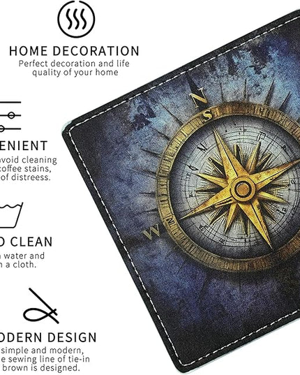 Marble Coasters Square Leather Drinks Coaster Set with Holder for Coffee Table Bar Home Decor 4 Inches Set of 6 (Compass Rose, One Size)