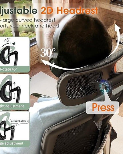 GABRYLLY Ergonomic Office Chair, High Back Home Desk Chair with Headrest, Flip-Up Arms, 90-120° Tilt Lock and Wide Cushion, Big and Tall Mesh Chairs for Man Woman, Black Task Chair