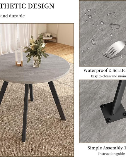 34.6'' Dining Table and Chairs for 4, Mid Century Modern Round Table Set, Space Saving for Apartment Kitchen Dining Room (Grey Table+4 U-Shaped White Chairs)