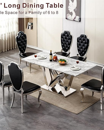70 Inch Modern Rectangular Dining Table for 6, Faux Marble Top with Mirrored Stainless Steel Base, Large Kitchen Table for Dining Room, Living Room, Office, Conference, (Table Only) (Silver + Grey)