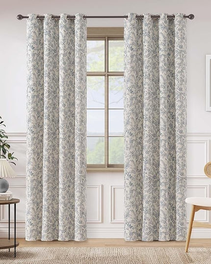 Lazzzy Blue Floral Lined Curtains Farmhouse Linen 84 Inches Length Grommet Top Drapes for Living Room Bedroom Flower Patterned Country Vintage Curtains 2 Panels Set Green on Beige