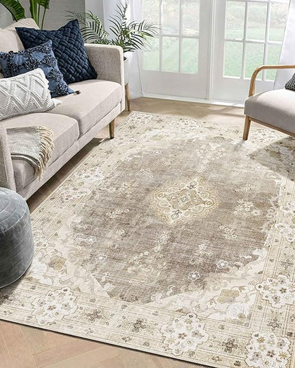 MUJOO Area Rugs 5'x7'Beige,Boho Rug for Bedroom Living Room Dining Room, Large Machine Washable Non Slip Carpet Vintage Bohemian Distressed Farmhouse,Floral