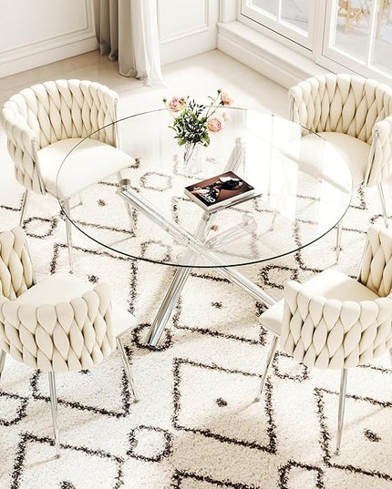 5 Pieces Round Glass Dining Set, Modern Luxury Circle Kitchen Table Set for 4, 47'' Clear Minimalist Circular Glass Top Dinner Room Set with Ivory Woven Chair, for Large Apartment (Silver)