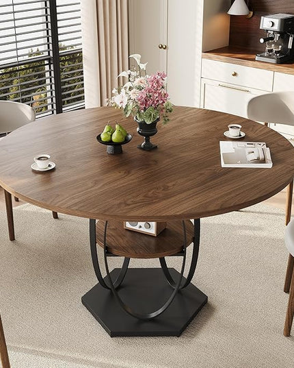 Round Dining Table for 4-6, 3-Tier Dinner Room Tables with Storage Shelf, Space Saving Small Kitchen Table, Farmhouse Dinner Table with Wooden Tabletop and Hexagonal Base (Walnut, 47inch)