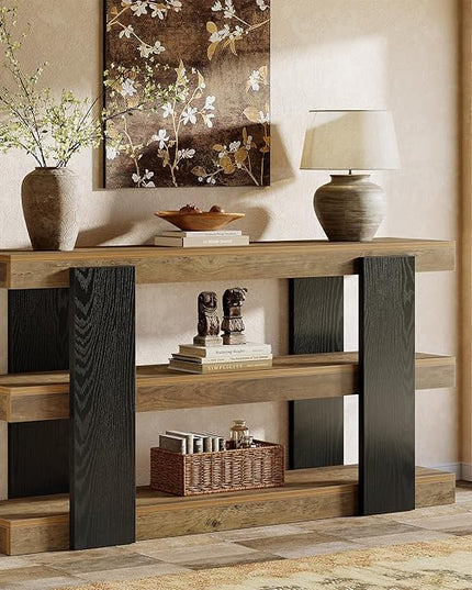 Tribesigns 63-Inch Long Console Table, 3-Tier Entryway Table with Storage, Farmhouse Wood Behind Couch Tables for Entryway, Living Room, Hallway, Rustic Brown & Black