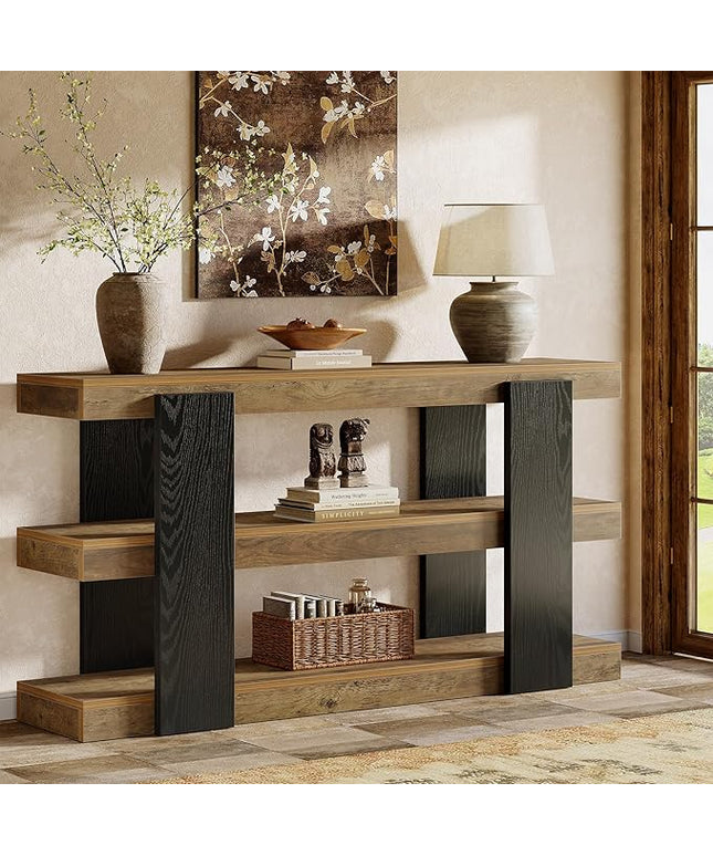 Tribesigns 63-Inch Long Console Table, 3-Tier Entryway Table with Storage, Farmhouse Wood Behind Couch Tables for Entryway, Living Room, Hallway, Rustic Brown & Black