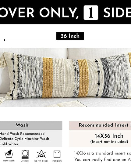 BlissBlush Decorative Lumbar Throw Pillow Cover 14x36 Boho Long Cushion for Bed Yellow Mustard Accent Farmhouse Pillowcase for Bedroom Living Room Couch Sofa Home Décor Cover ONLY
