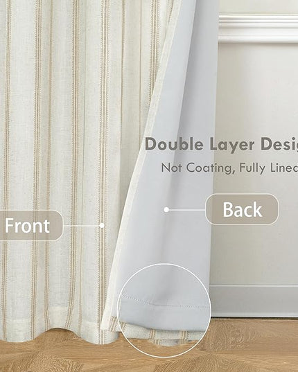 DriftAway Farmhouse Linen Blend Blackout Curtains 84 Inches Long for Bedroom Vertical Striped Printed Linen Curtains Thermal Insulated Lined Treatments for Living Room 2 Panels W52 x L84 Camel Beige