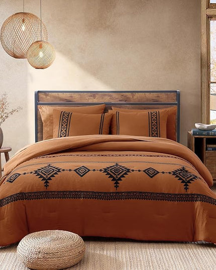 MaiRêve Embroidery Comforter Set, Boho Farmhouse Western Bedding Set, All Season Bed in A Bag Comforter Set with Sheets, Pillowcases & Shams, Burnt Orange Queen 7 Pieces