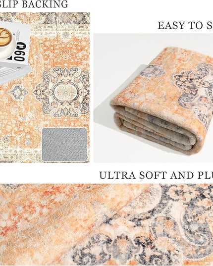 8x10 Area Rugs Washable,Boho Rug for Living Room Bedroom Dining Room,Large Vintage Bohemian Farnhouse Distressed Carpet Non Slip,Retro Orange Grey Floral