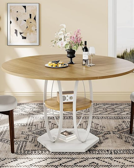 Round Dining Table for 4, 3-Tier Dinner Room Tables with Storage Shelf, Space Saving Small Kitchen Table, Farmhouse Dinner Table with Wooden Tabletop and Hexagonal Base (Wood, 47inch)
