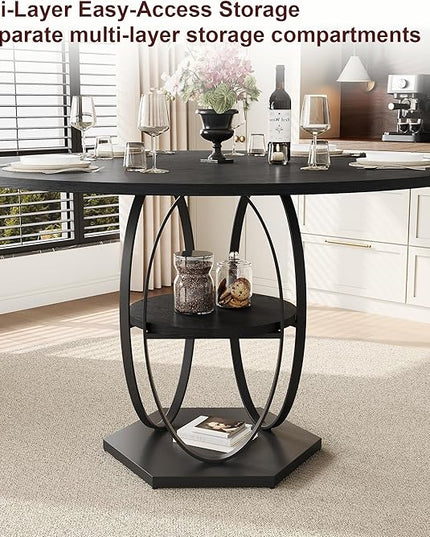 Round Dining Table for 4, 3-Tier Dinner Room Tables with Storage Shelf, Space Saving Small Kitchen Table, Farmhouse Dinner Table with Wooden Tabletop and Hexagonal Base (Black, 47inch)