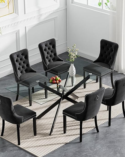 HomVent 7 Piece Rectangular Glass Dining Table Set, Tempered Glass Dinner Table Set for 6 Kitchen Table Set with 6 Velvet Upholstered Chairs for Kitchen Dining Room