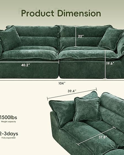 Hobestluk 104" Sectional Sofa Couches 3 Seater Modular Sofa, Boneless Couch, Cloud Couch with Removable Cushion, Modular Sectional Couches for Living Room(Green)