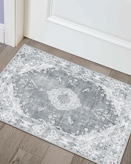 MUJOO Grey Rug 2'x3',Small Washable Area Rugs for Entryway Kitchen Bathroom Bedroom,Boho Vintage Bohemian Distressed Farmhouse Non Slip Carpet, Floral