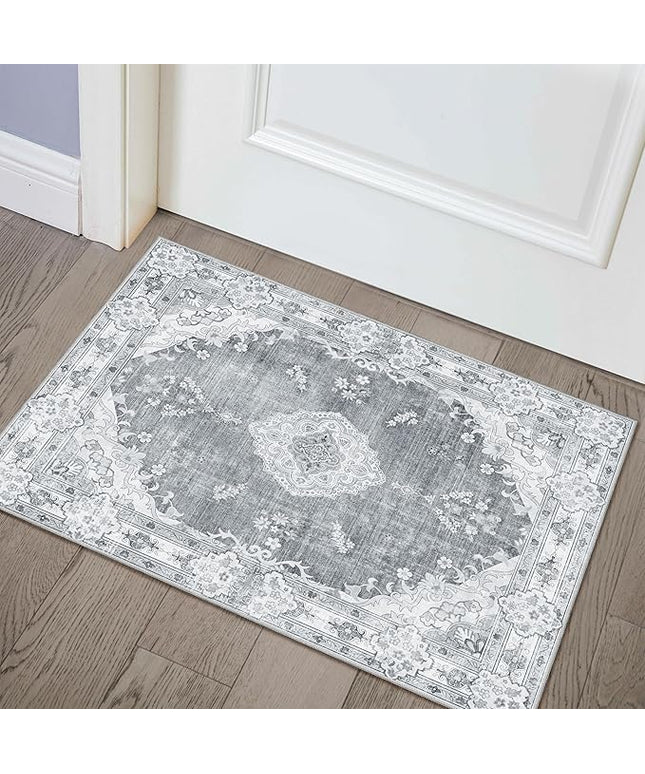 MUJOO Grey Rug 2'x3',Small Washable Area Rugs for Entryway Kitchen Bathroom Bedroom,Boho Vintage Bohemian Distressed Farmhouse Non Slip Carpet, Floral
