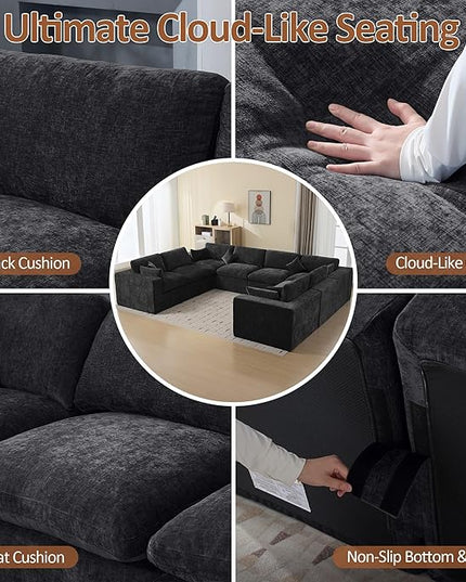155''Cloud Boneless Sectional Couch, Modular Sectional Sofa Deep Seat, Oversized Upholstered Convertible Comfy 8 Seater Chenille Memory Foam Sofa U Shape Couches for Living Room, Dark