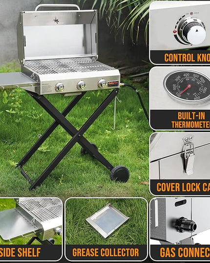 BBQ Gas Grill 3-Burner with Foldable Cart & Side Table, Portable Propane Grill with Lid for Outdoor Patio Backyard Barbecue Camping Tailgating RV Trip, Stainless Steel, GS308