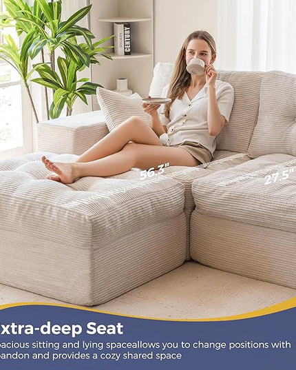 MAXYOYO 104" L Shaped Modular Sectional Sofa with Ottoman, Cloud Boneless Couch with Layered Cushion, Upholstered Sofa in a Box, Flexible Module Combination for Living Room, No Assembly, Beige