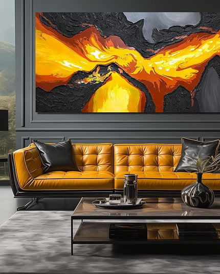 GUGIKA Extra Large Abstract Wall Art for Living Room, Hand Painted 3D Textured Magma Paintings, Black and Gold Yellow Volcanic Lava Canvas Wall-Decor for Bedroom, Size 80x40 Inches