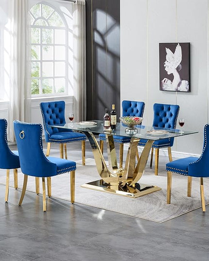 70" Modern Gold Glass Dining Table Set for 6, 7-Piece Rectangle Kitchen Dining Room Table Set with Steel Base & 6 Blue Velvet Upholstered Chairs, Modern Glass Kitchen Table and Chairs Set of 6